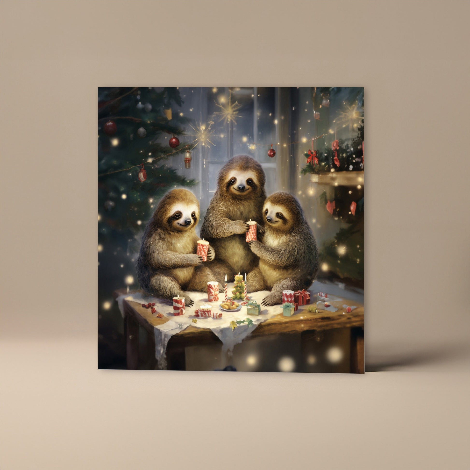 Quirky Sloth Family Christmas Card With Christmas Trees and presents, Square card, Kraft Envelope Traditional Christmas Scene