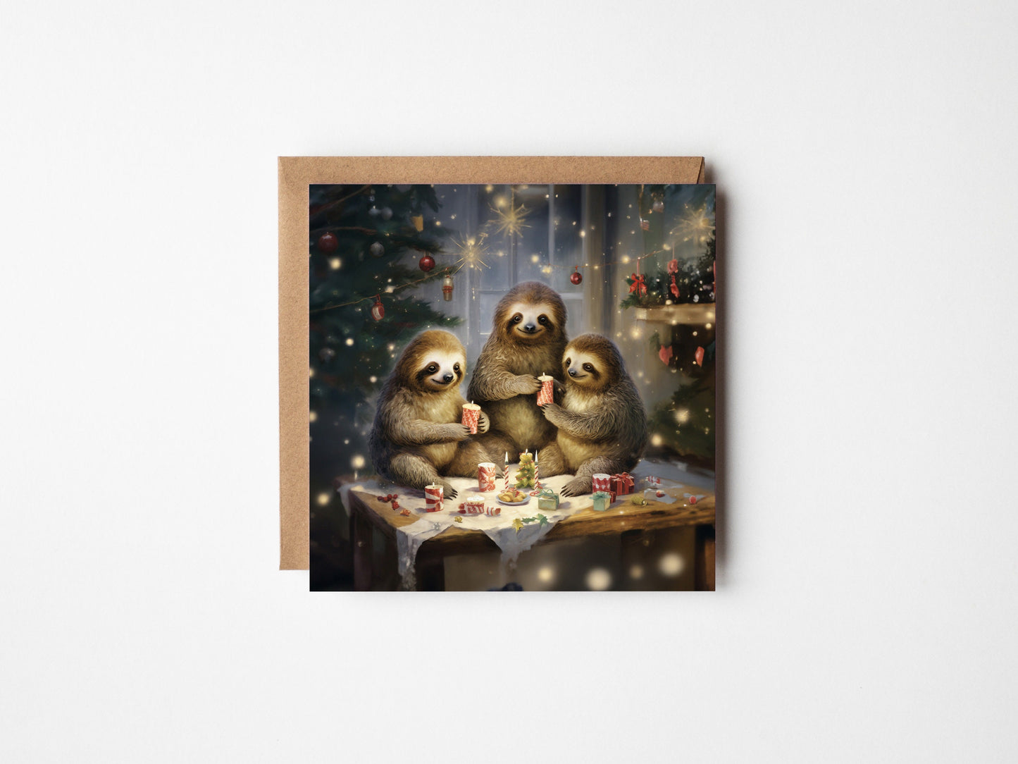 Quirky Sloth Family Christmas Card With Christmas Trees and presents, Square card, Kraft Envelope Traditional Christmas Scene