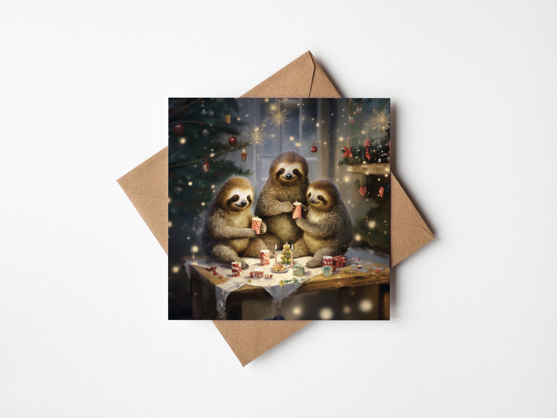 Quirky Sloth Family Christmas Card With Christmas Trees and presents, Square card, Kraft Envelope Traditional Christmas Scene