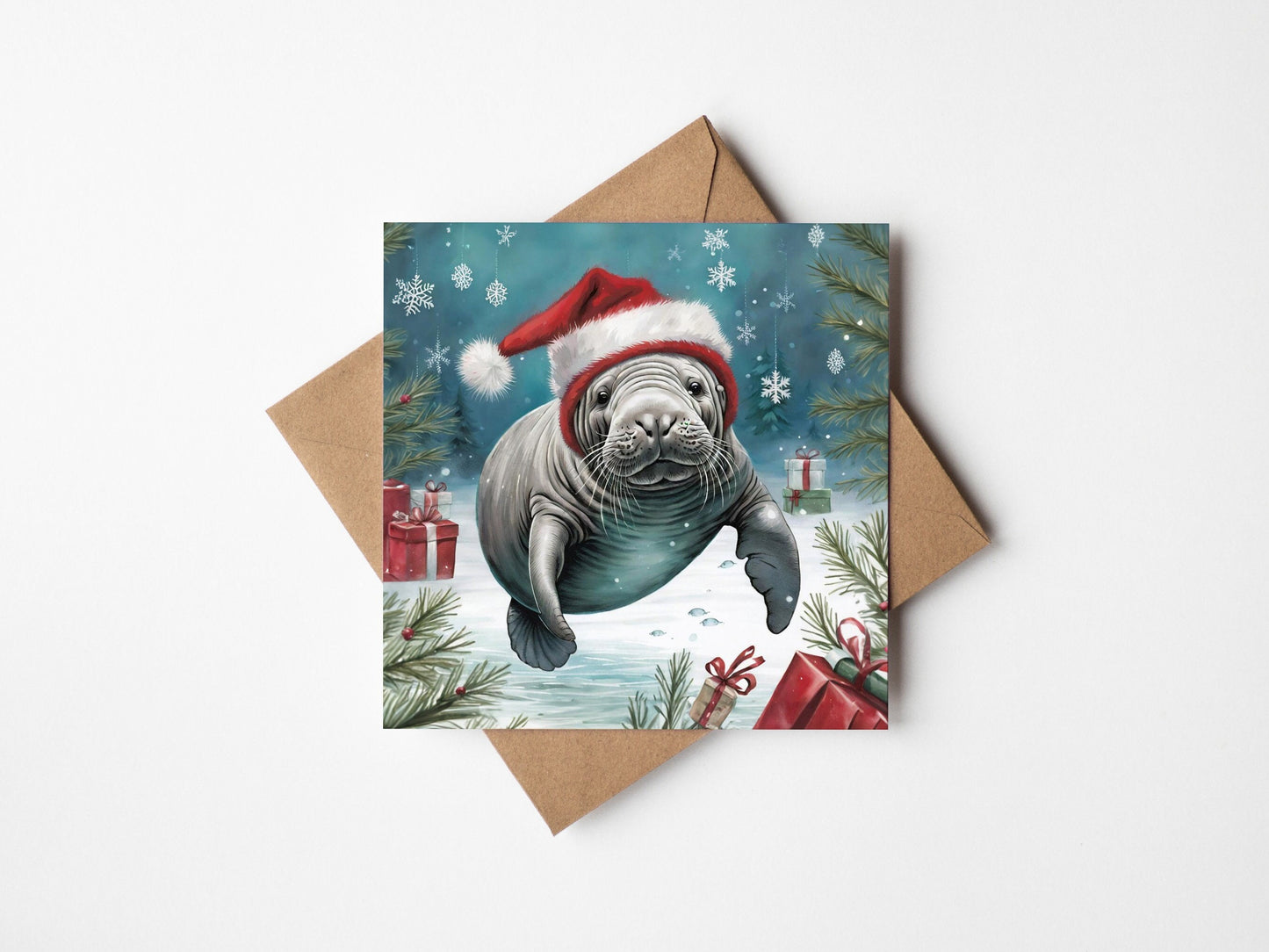 Manatee Underwater Christmas Card With Christmas Trees and presents, Square card, Kraft Envelope