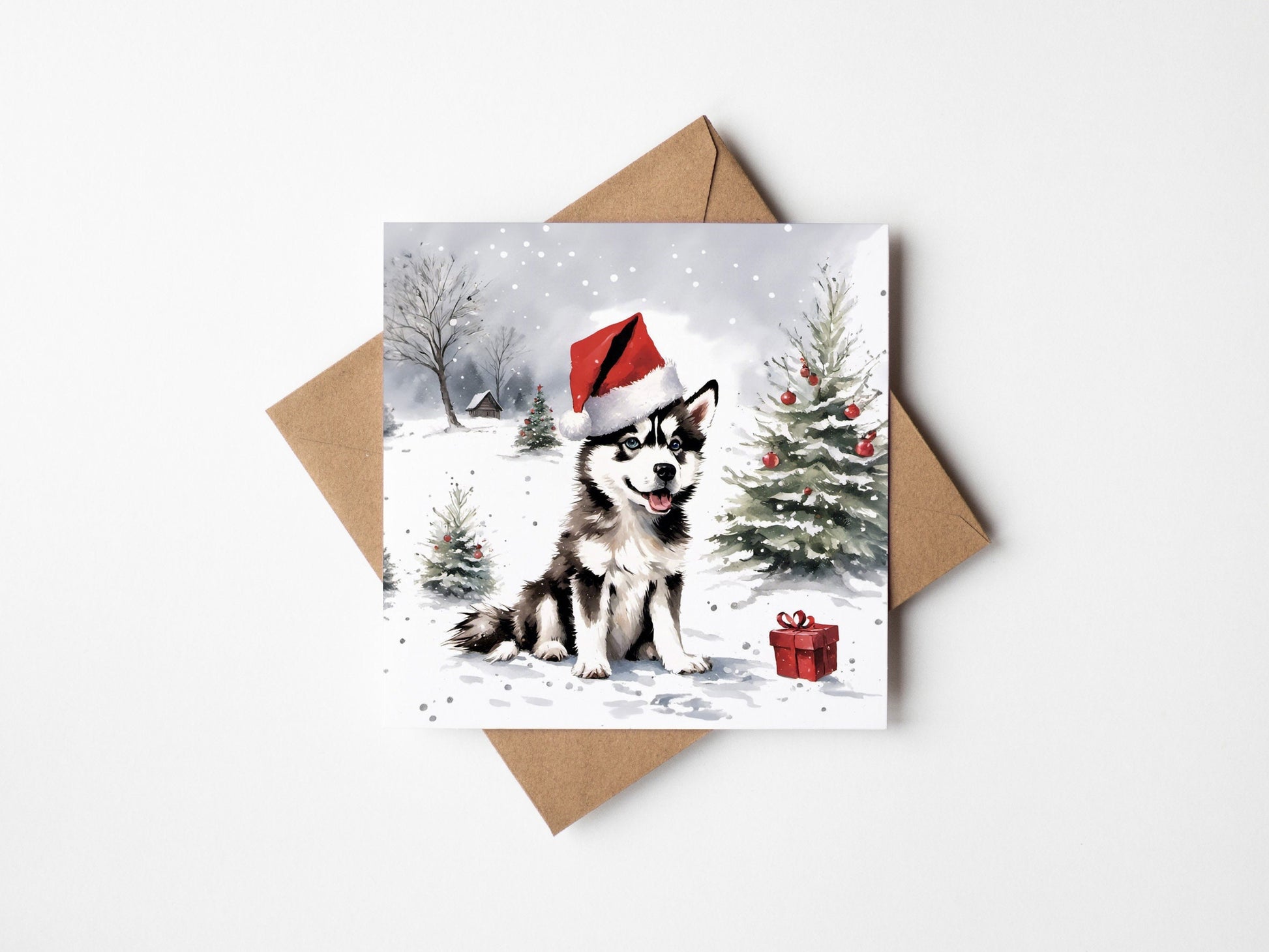 Husky Puppy Christmas Card With Christmas Trees and presents, Square card, Kraft Envelope