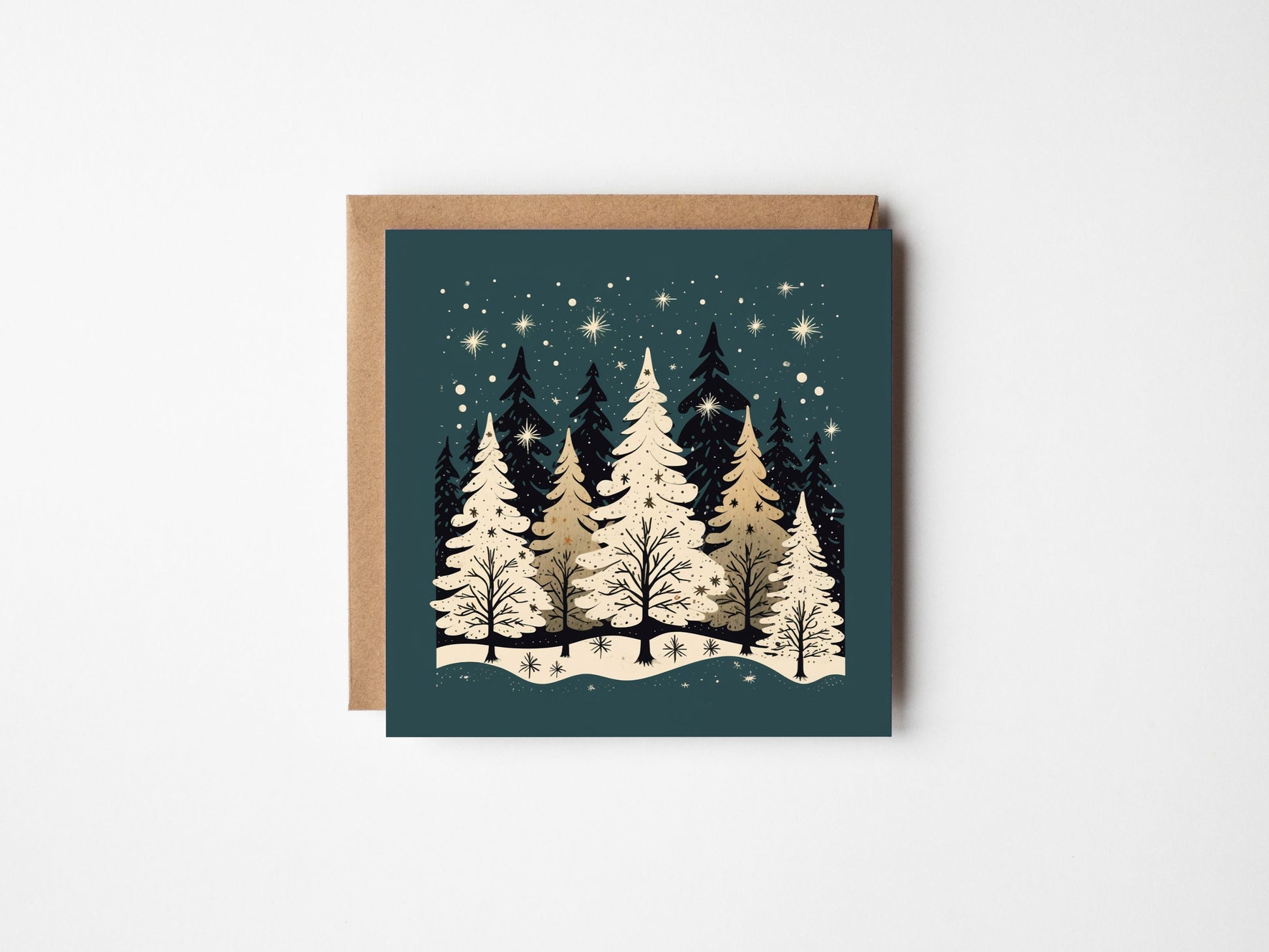 Green and Beige Christmas tree, Christmas Card, Square card, Kraft Envelope