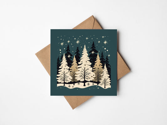 Green and Beige Christmas tree, Christmas Card, Square card, Kraft Envelope