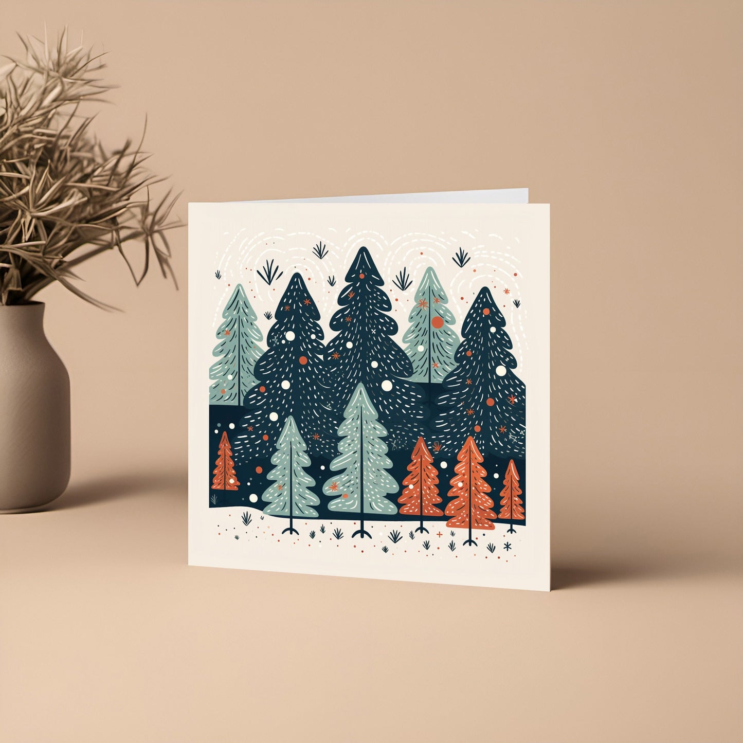 Beige orange and navy Christmas tree, Christmas Card, Square card, Kraft Envelope