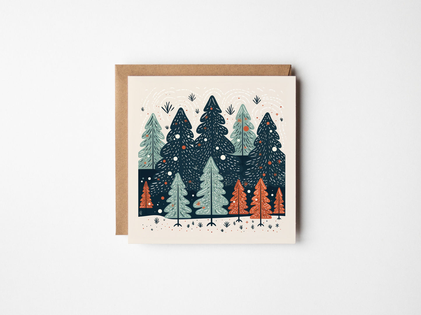 Beige orange and navy Christmas tree, Christmas Card, Square card, Kraft Envelope