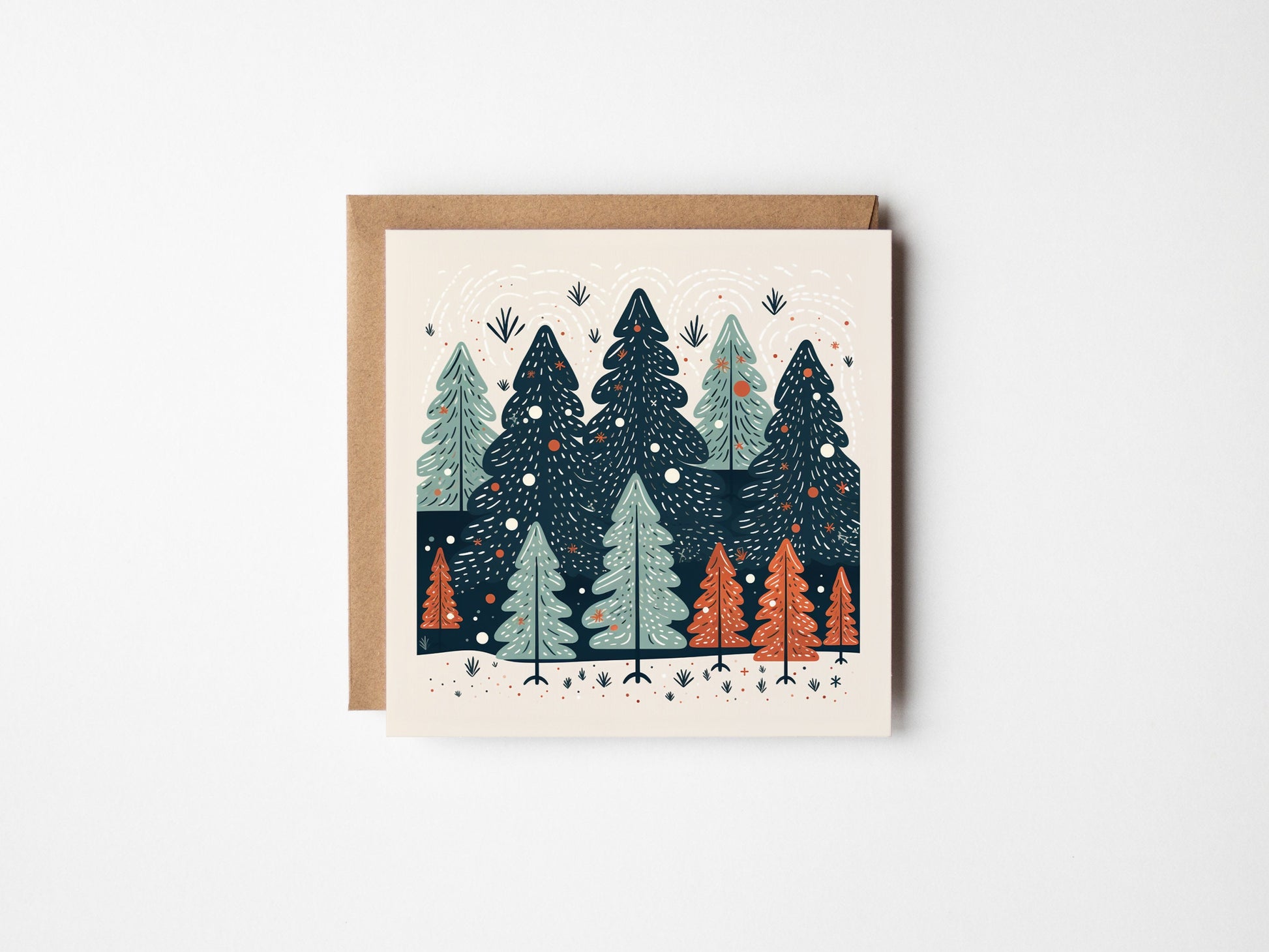 Beige orange and navy Christmas tree, Christmas Card, Square card, Kraft Envelope