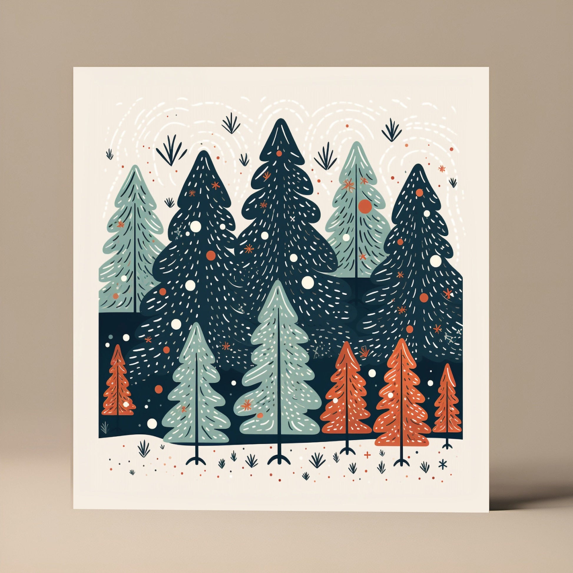 Beige orange and navy Christmas tree, Christmas Card, Square card, Kraft Envelope