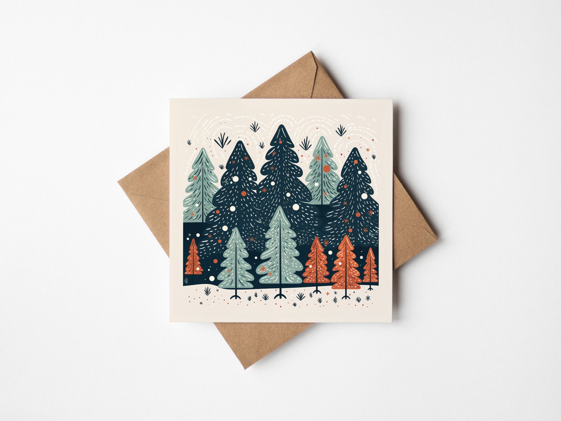 Beige orange and navy Christmas tree, Christmas Card, Square card, Kraft Envelope