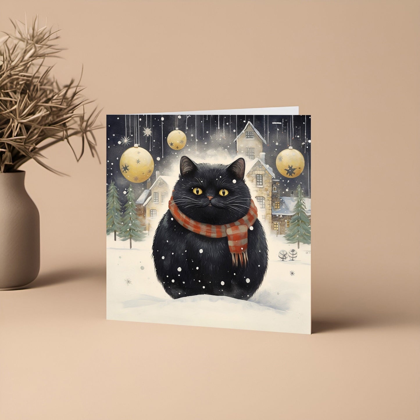 Funny Black Cat Christmas Card - Square Design with Snowy Scene