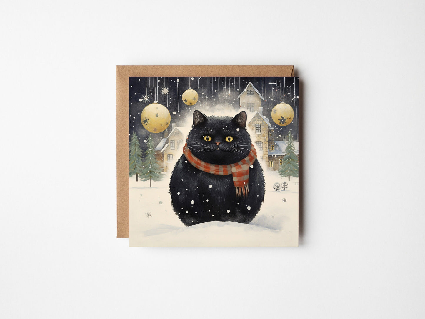 Fat round black cat in the snow, Christmas Card, Square card, Kraft Envelope