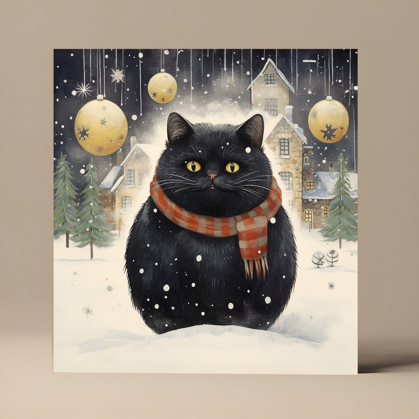 Fat round black cat in the snow, Christmas Card, Square card, Kraft Envelope