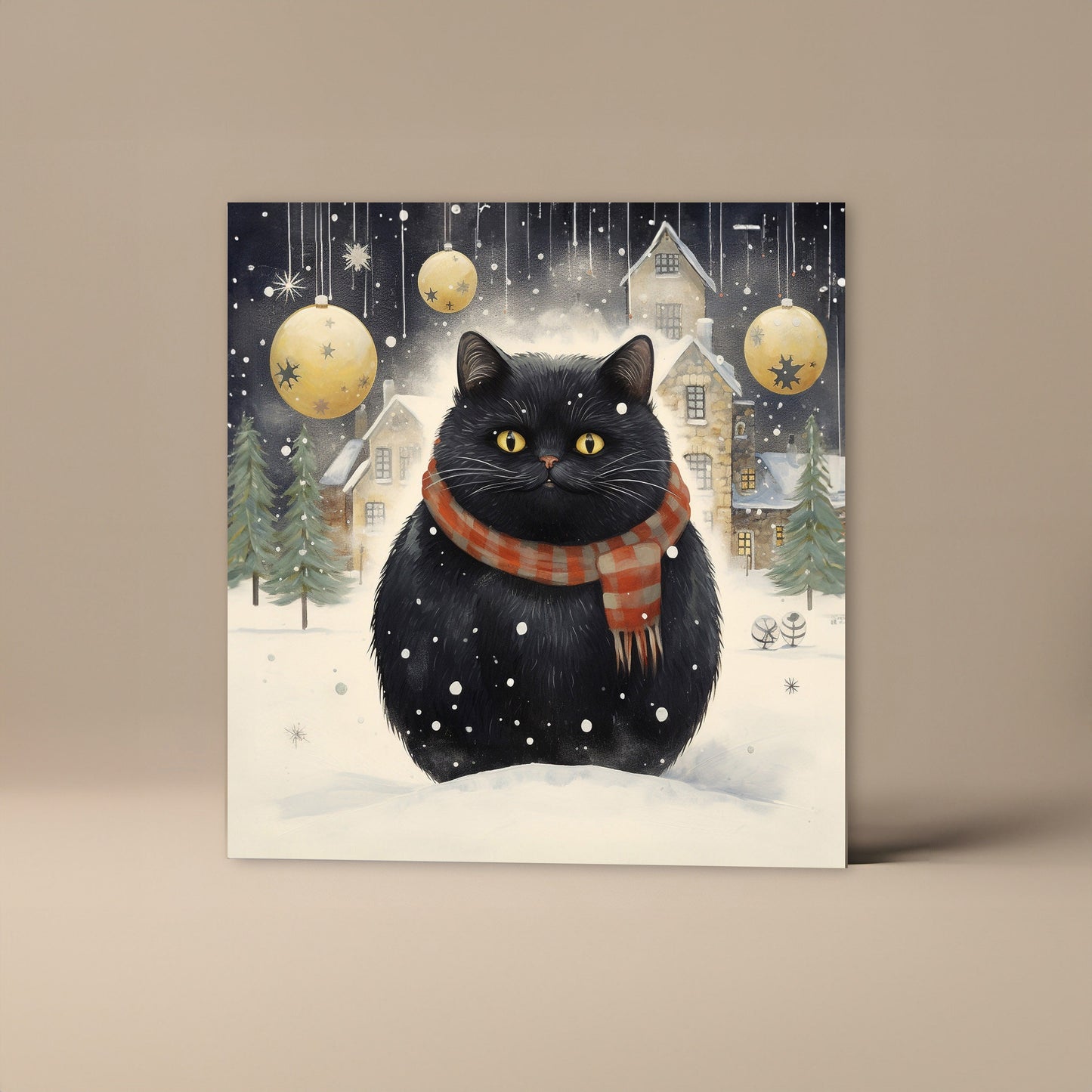 Funny Black Cat Christmas Card - Square Design with Snowy Scene