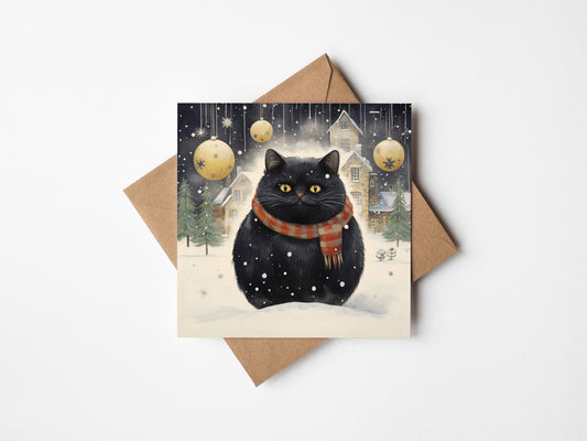 Fat round black cat in the snow, Christmas Card, Square card, Kraft Envelope