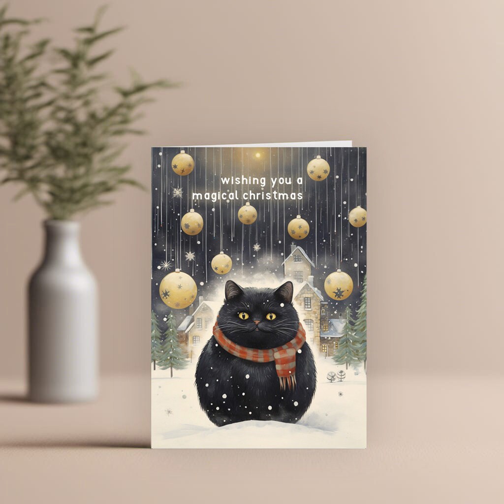 Christmas Cat Card, Christmas Snowy Black Cat on the front, cute cat xmas card