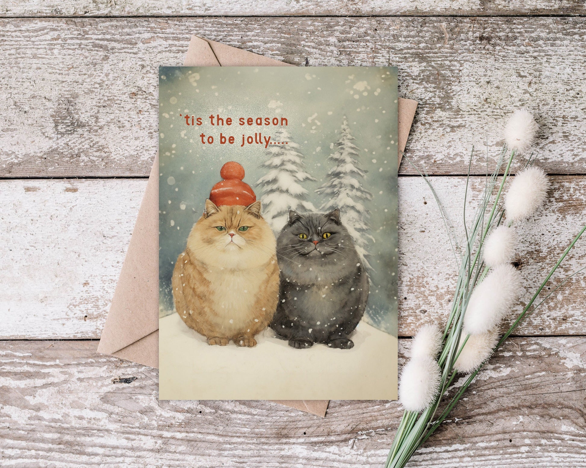 Christmas Cat Card, Christmas Snowy Cats on the front, cute cat xmas card