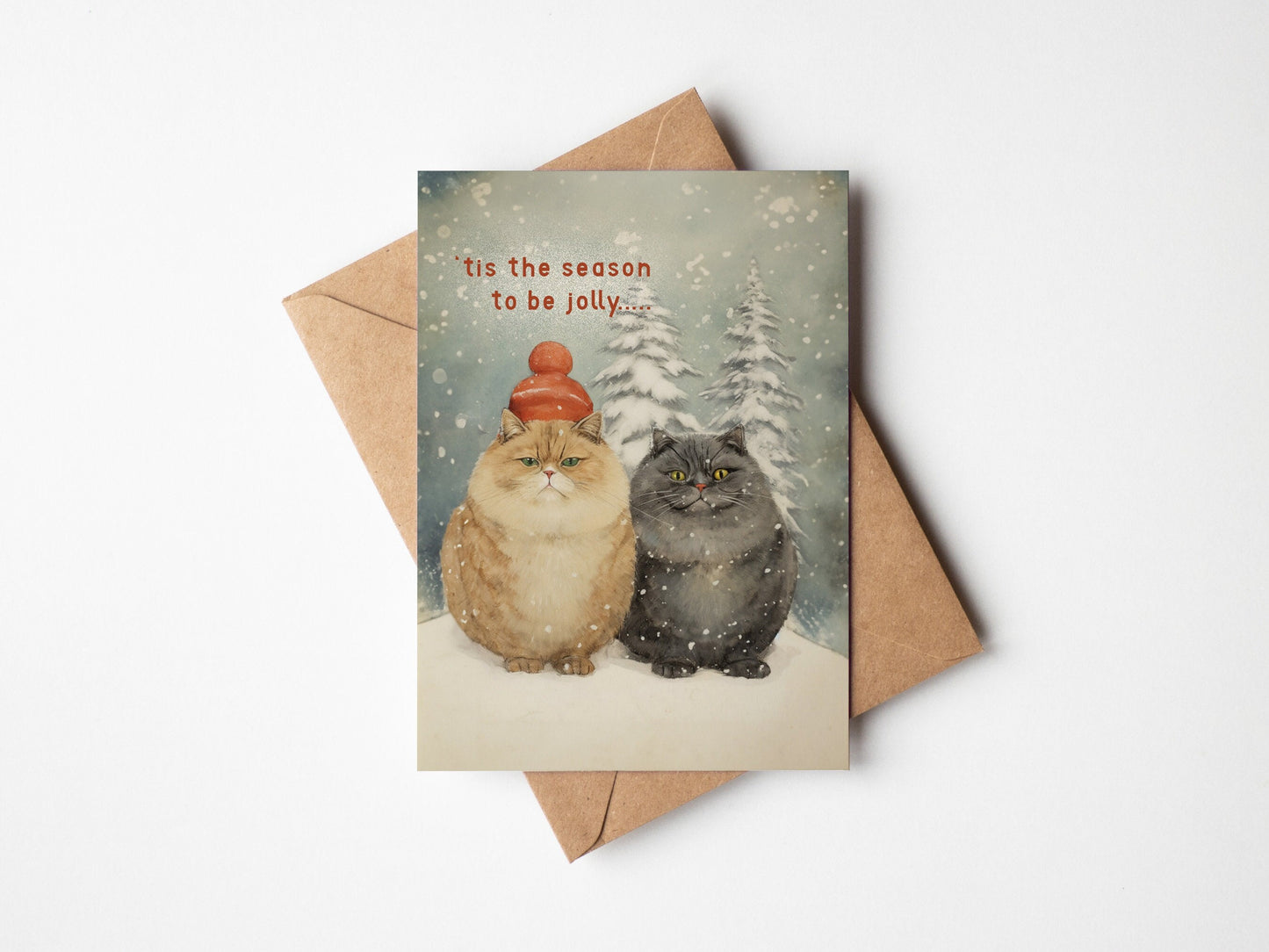 Christmas Cat Card, Christmas Snowy Cats on the front, cute cat xmas card