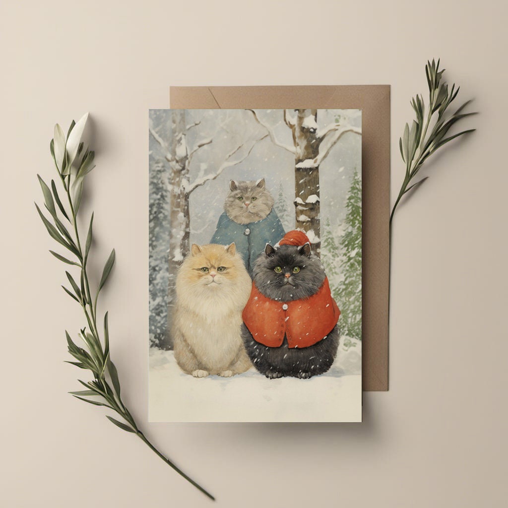 Christmas Cat Card, Christmas Snowy Cats on the front, cute cat xmas card