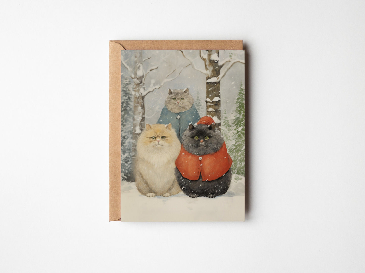 Christmas Cat Card, Christmas Snowy Cats on the front, cute cat xmas card