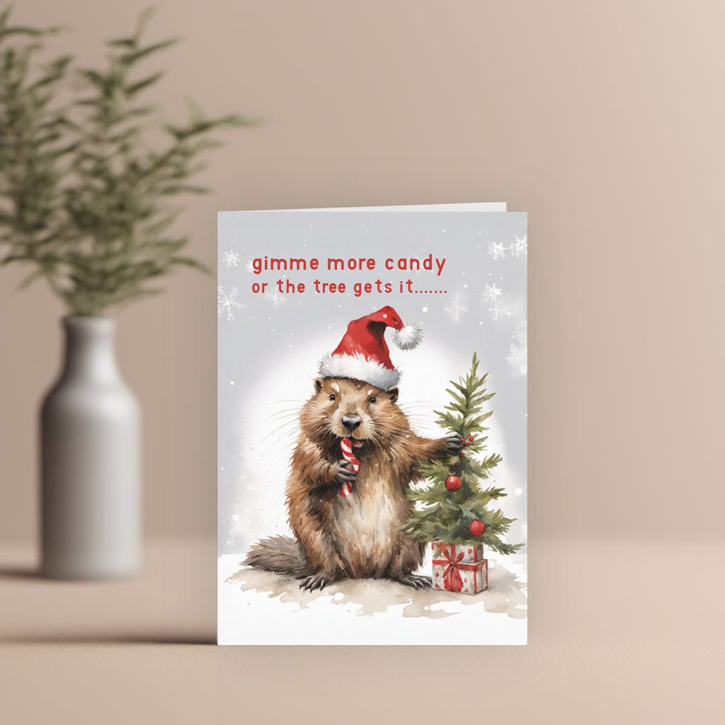 Cute Beaver on a Christmas card with Santa hat wishing you a Merry Christmas