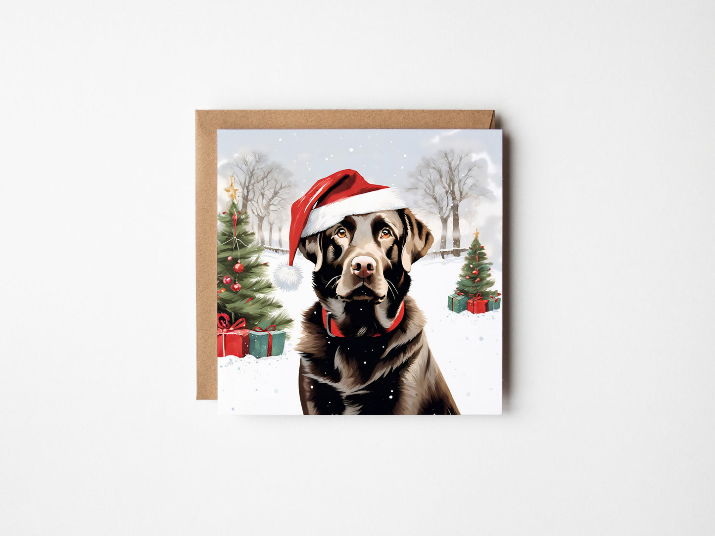 Chocolate Brown Labrador Christmas Card With Christmas Trees and presents, Square card, Kraft Envelope