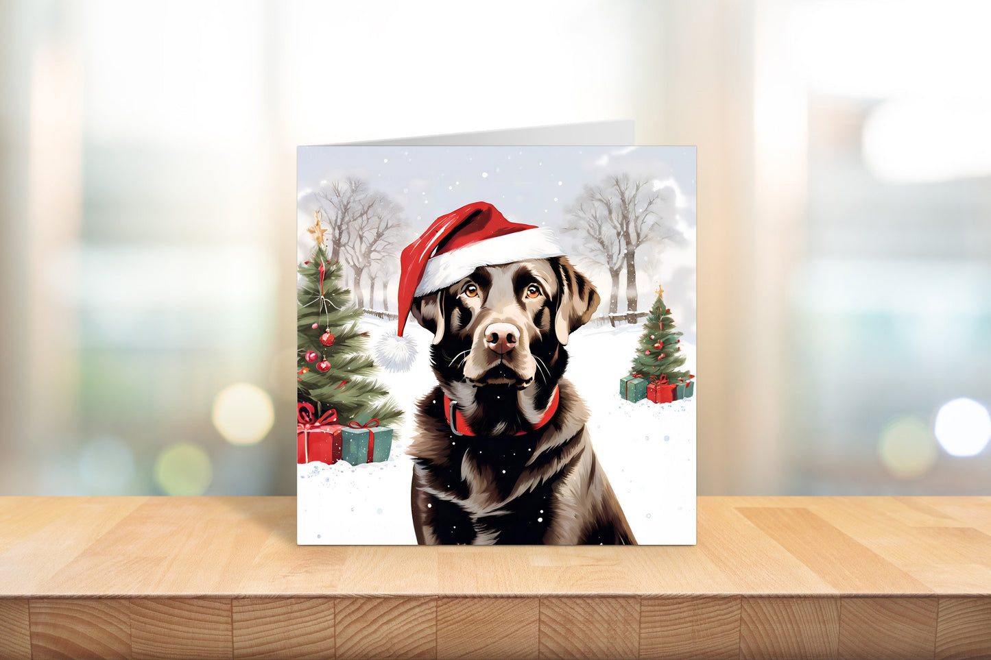 Chocolate Brown Labrador Christmas Card With Christmas Trees and presents, Square card, Kraft Envelope