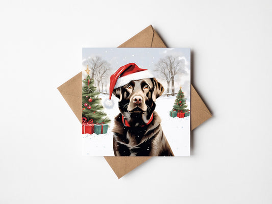 Chocolate Brown Labrador Christmas Card With Christmas Trees and presents, Square card, Kraft Envelope