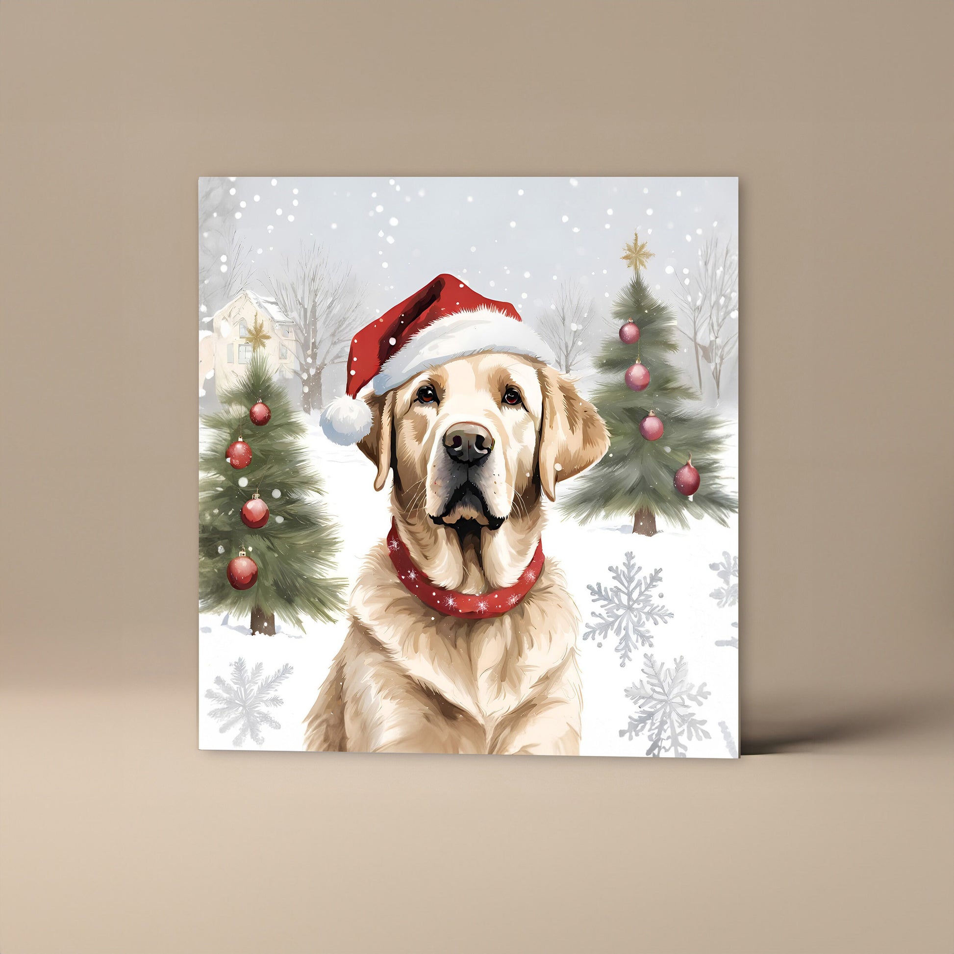 Yellow Labrador Christmas Card With Christmas Trees and presents, Square card, Kraft Envelope