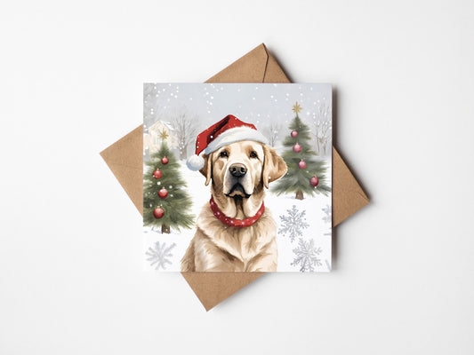 Yellow Labrador Christmas Card With Christmas Trees and presents, Square card, Kraft Envelope