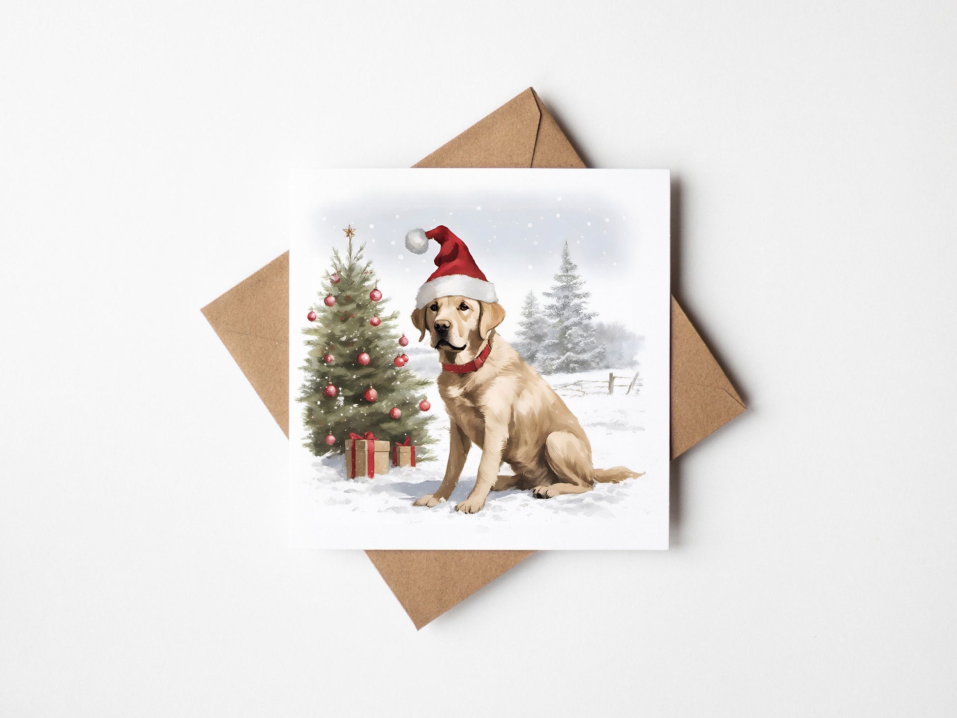 Yellow Labrador Sitting Christmas Card With Christmas Trees and presents, Square card, Kraft Envelope