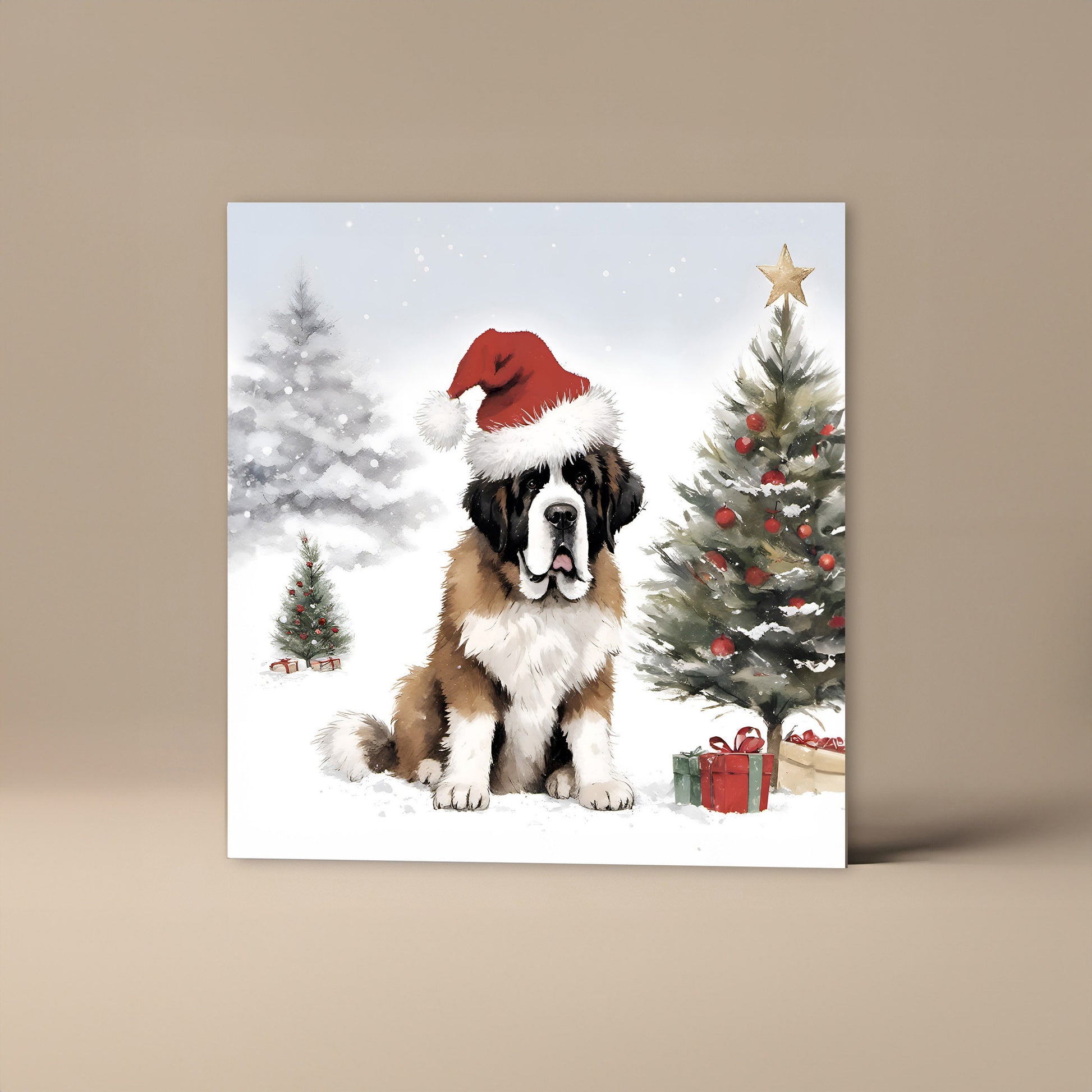 St Bernard Dog Christmas Card With Christmas Trees and presents, Square card, Kraft Envelope