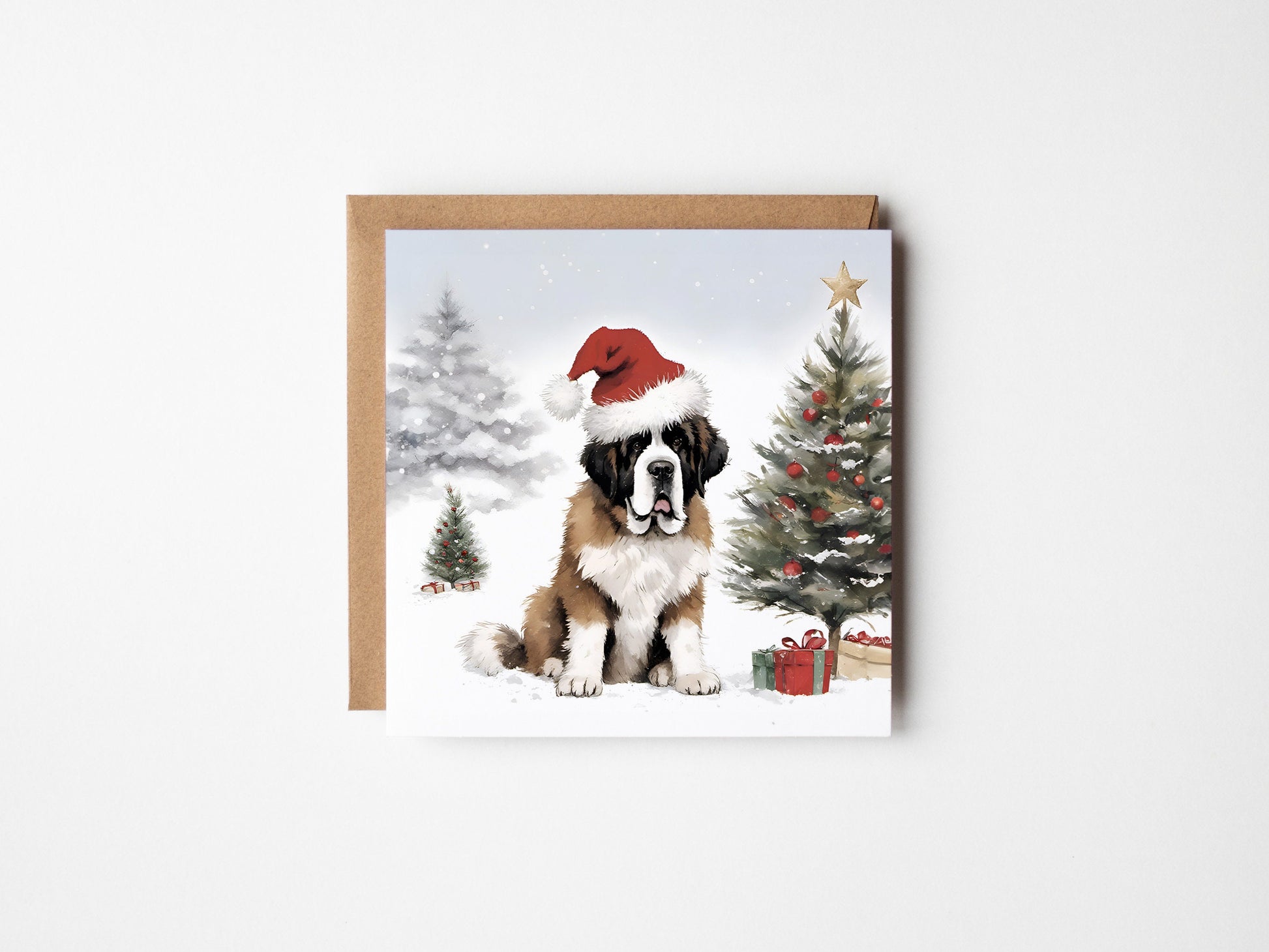 St Bernard Dog Christmas Card With Christmas Trees and presents, Square card, Kraft Envelope