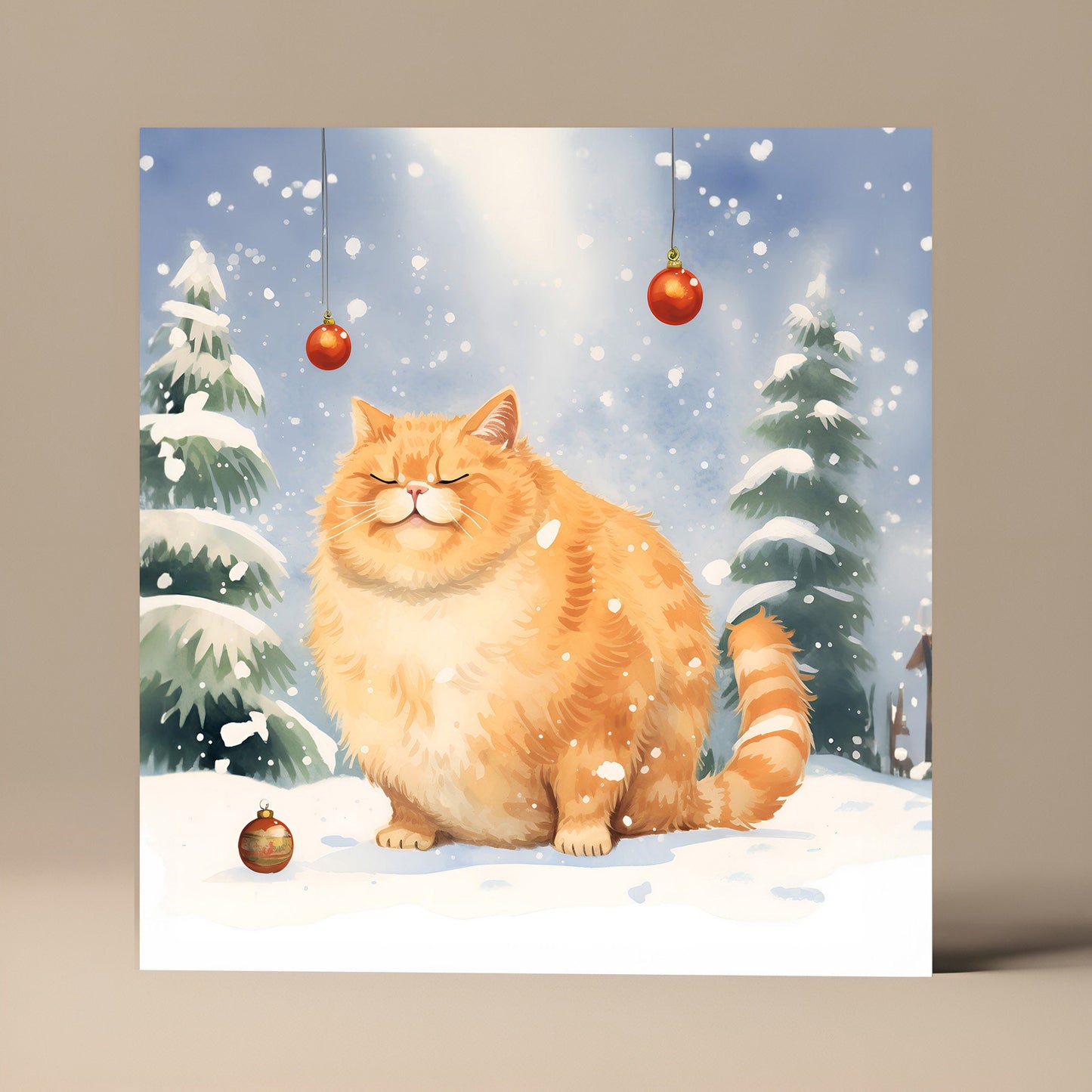 Christmas Card - Rotund Ginger Cat - Square Design for Cat Lovers