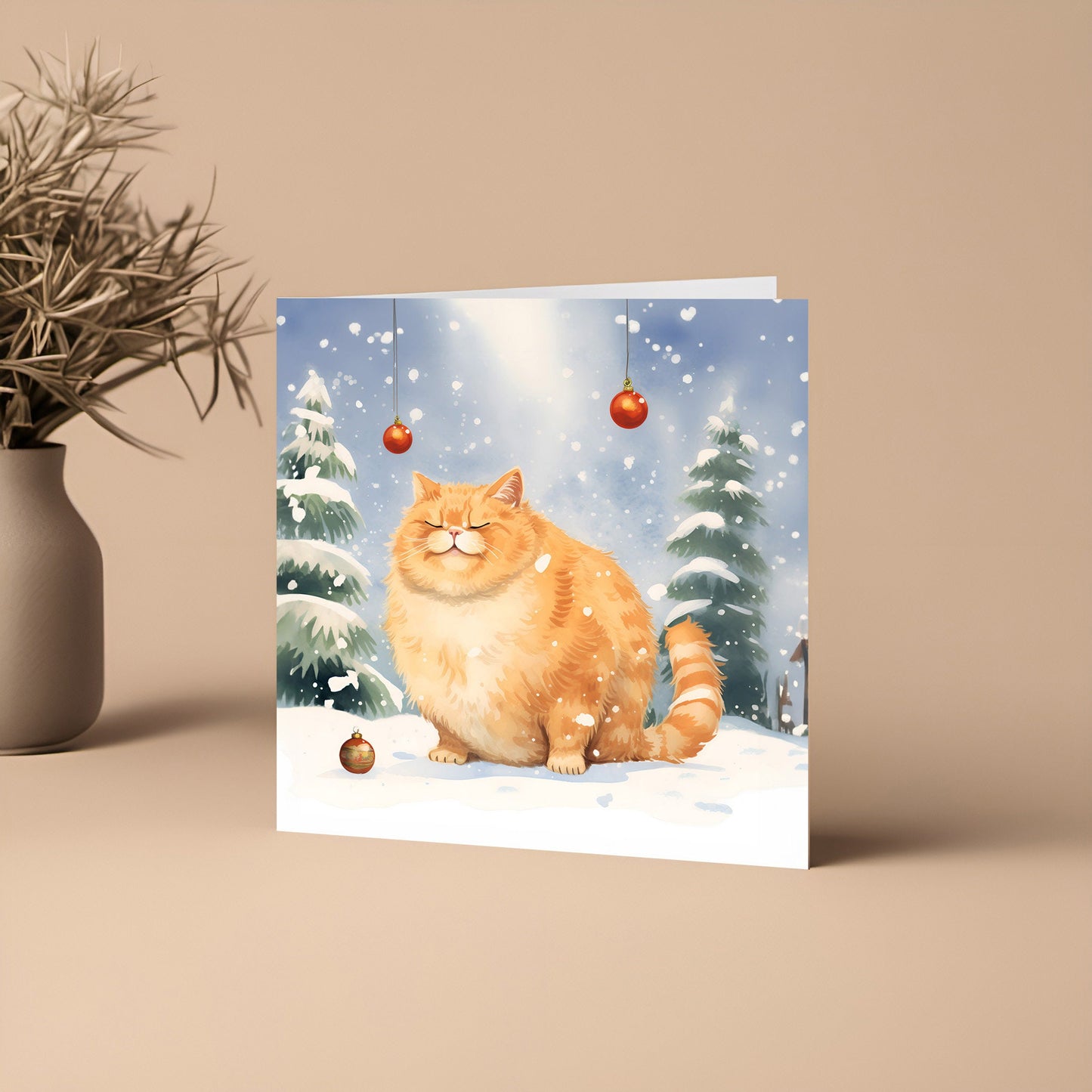 Christmas Card - Rotund Ginger Cat - Square Design for Cat Lovers