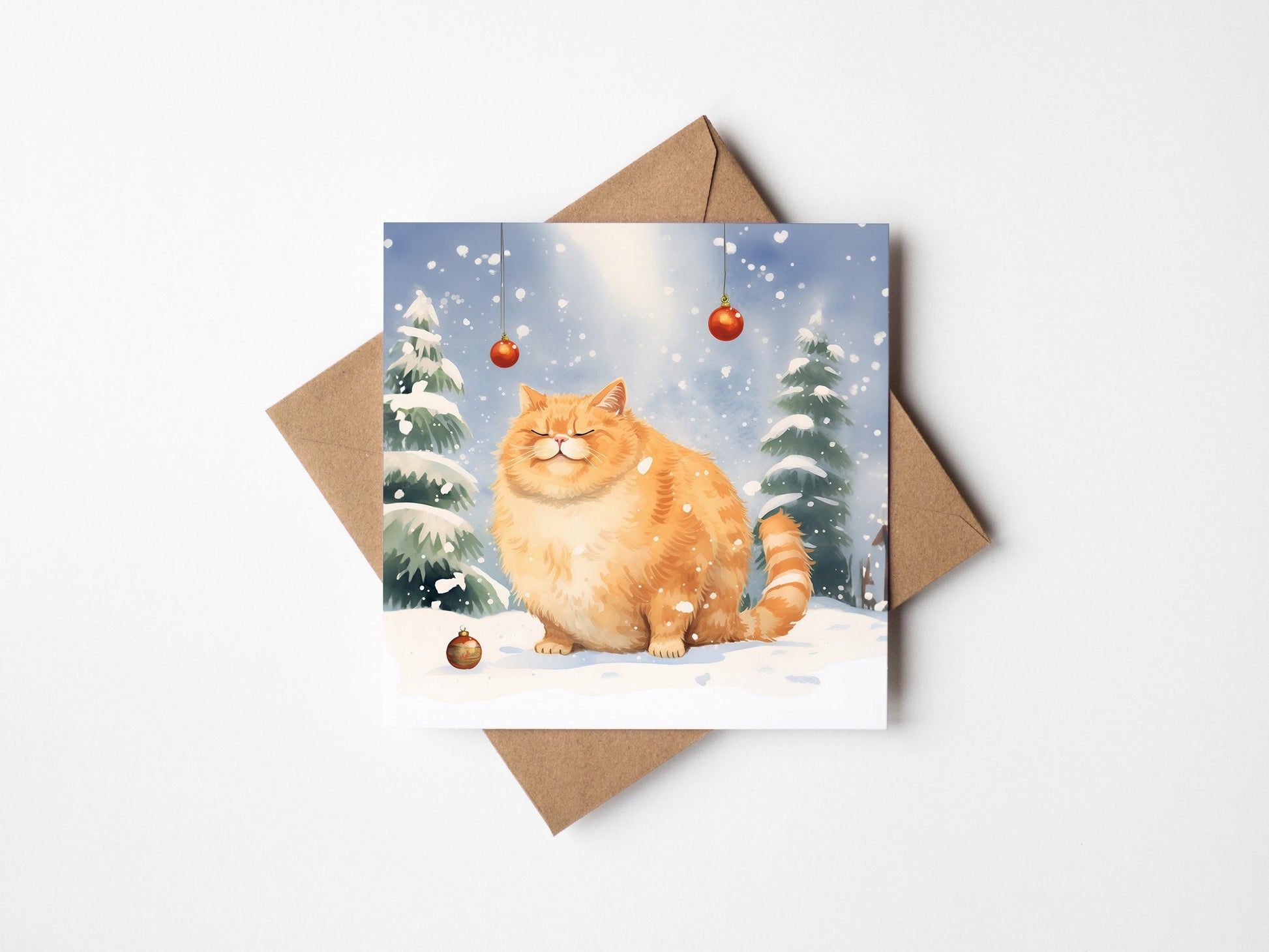 Fat Ginger Cat Card With Christmas Trees and baubles, Square card, Kraft Envelope