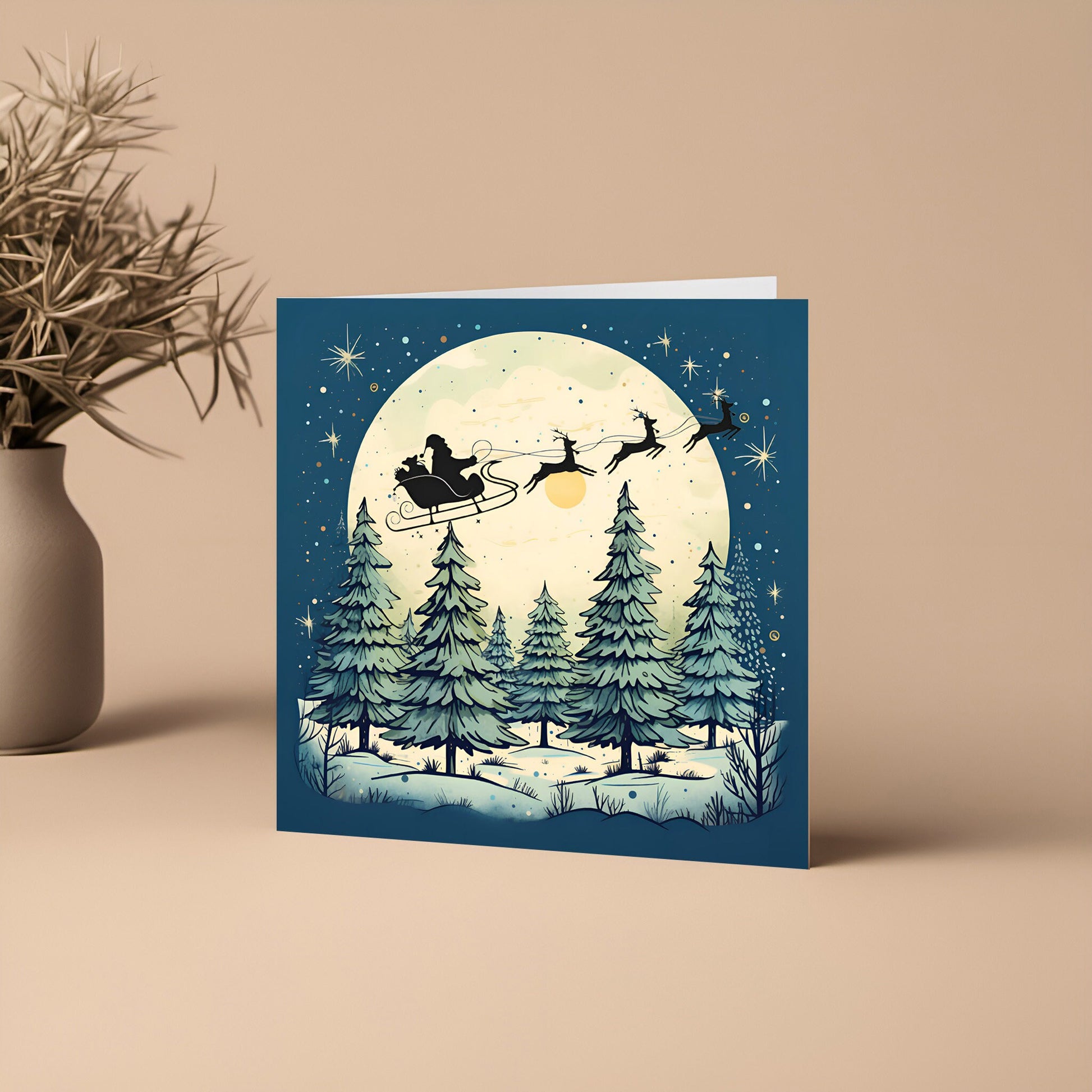 Moon Pines Card With Christmas Trees and a large moon and santa sleigh Kraft Envelope