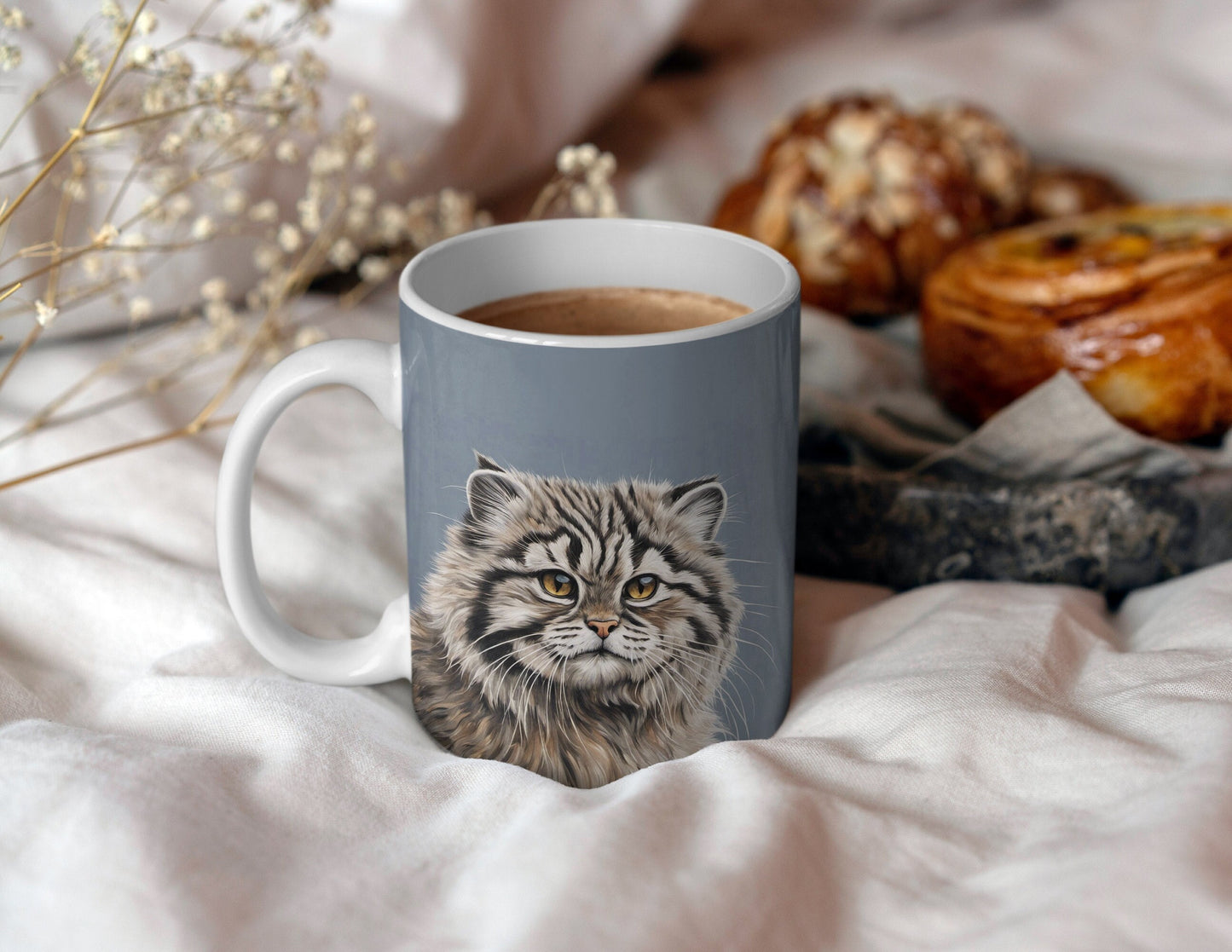 Beautiful Pallas Cat Illustrated 11oz Ceramic Mug with white handle