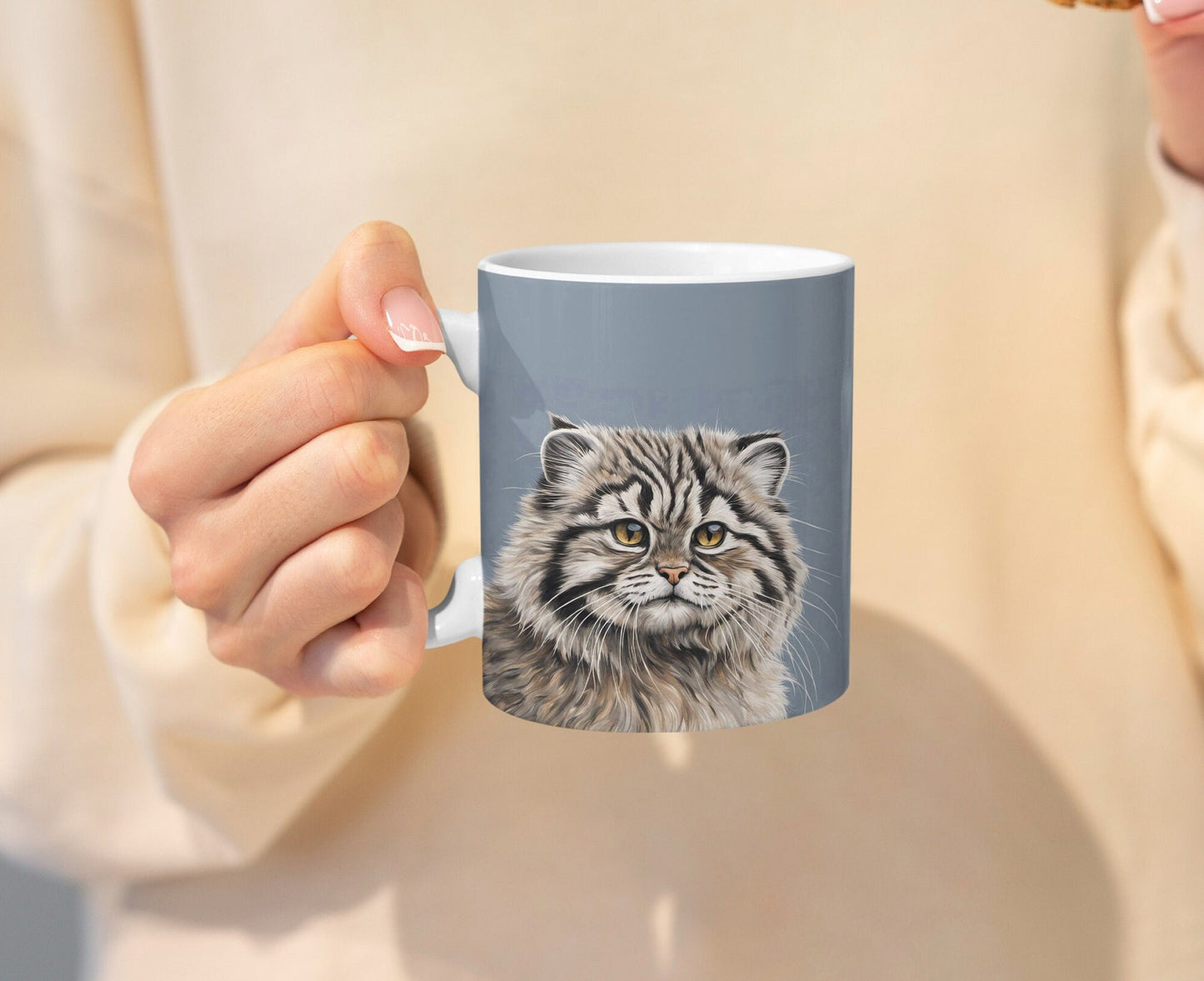 Beautiful Pallas Cat Illustrated 11oz Ceramic Mug with white handle