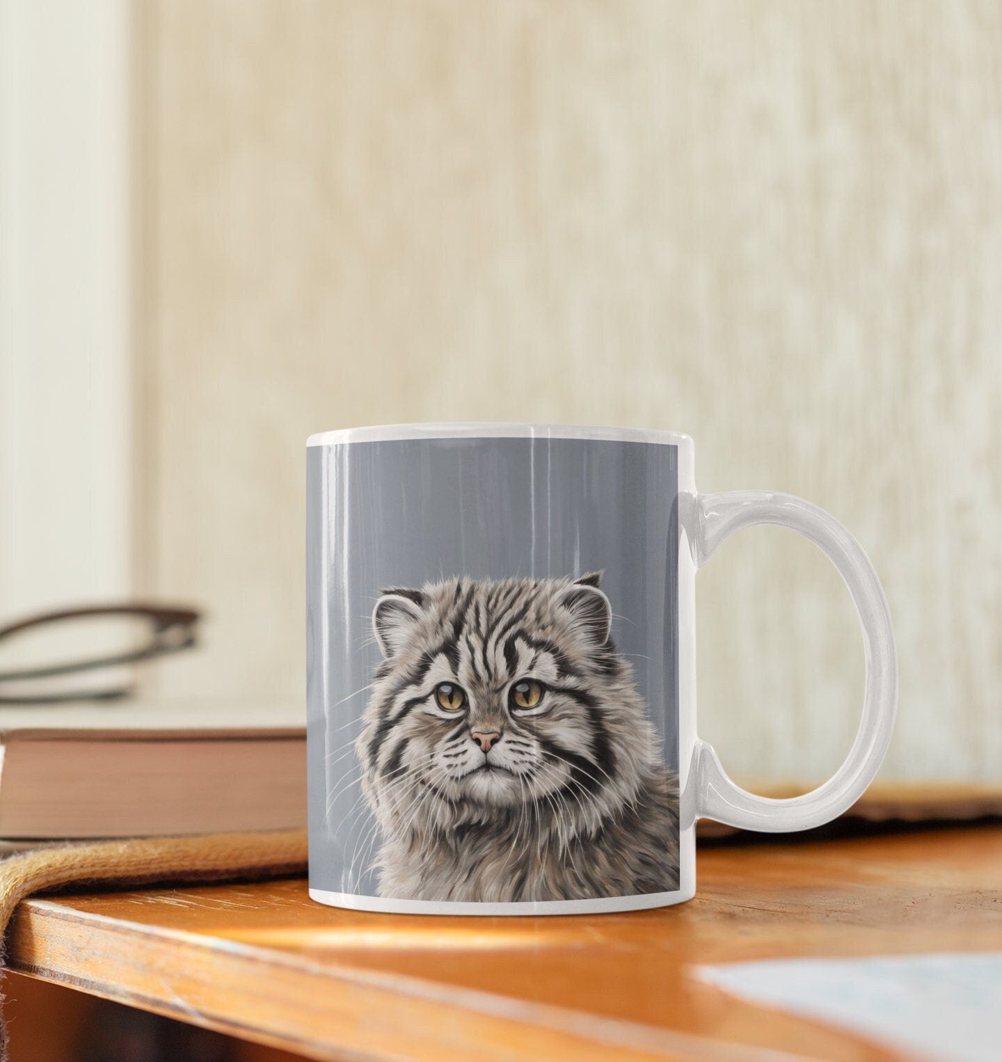 Beautiful Pallas Cat Illustrated 11oz Ceramic Mug with white handle