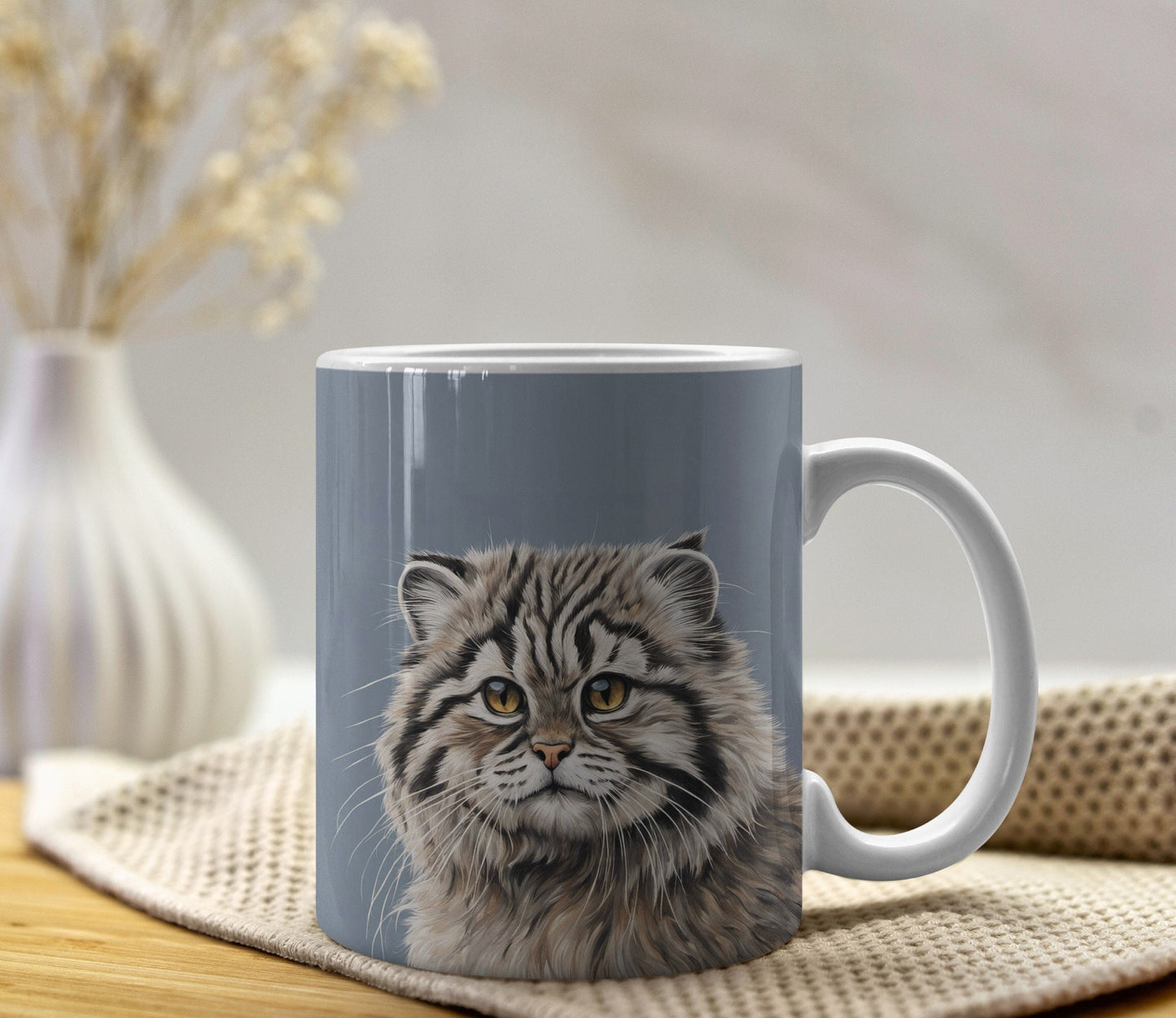 Beautiful Pallas Cat Illustrated 11oz Ceramic Mug with white handle