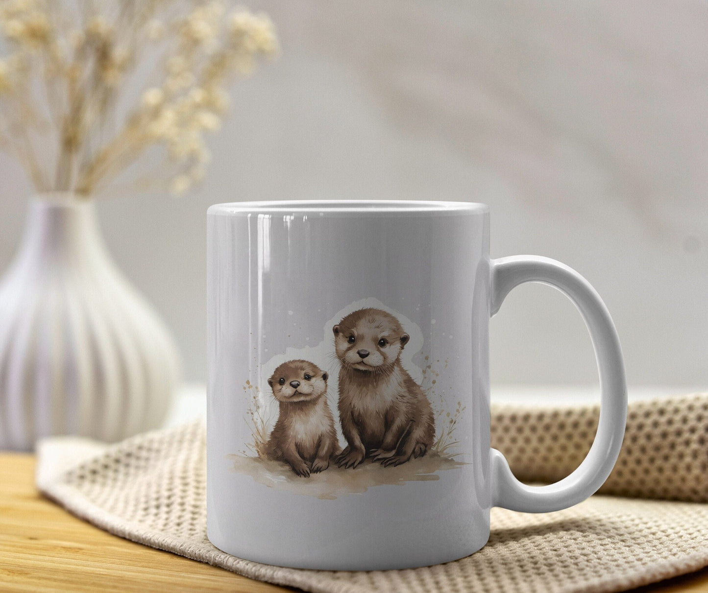 Cute Baby Otters 11oz Ceramic Mug with white handle