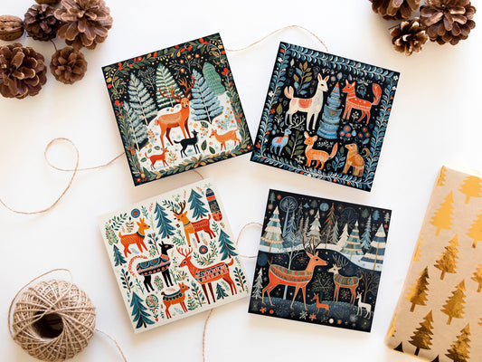 Folksy Christmas Card Pack Illustrated Animals Folk Art - Square Card - Four Cards with Different Designs