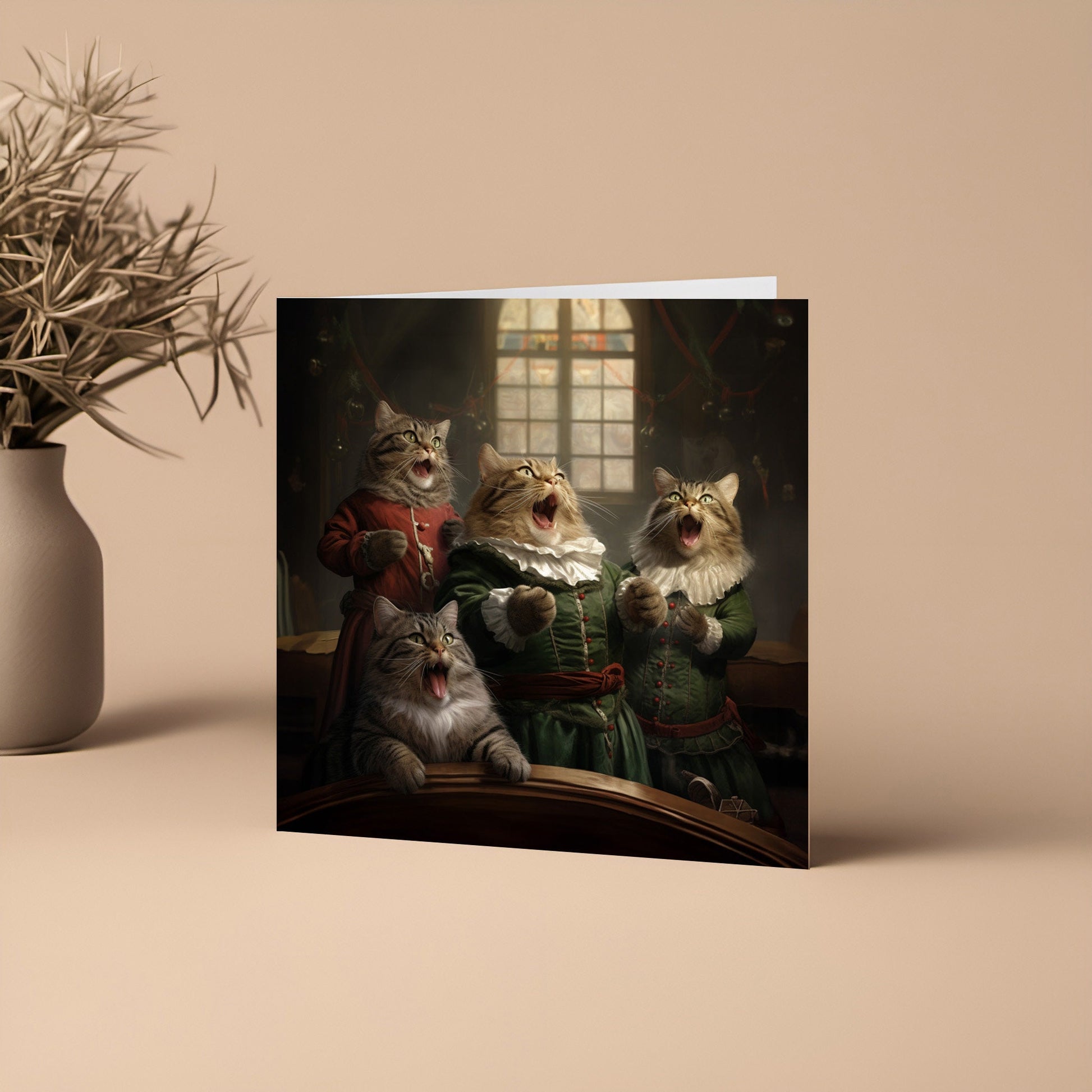 Christmas Carol singing cats on a square christmas card