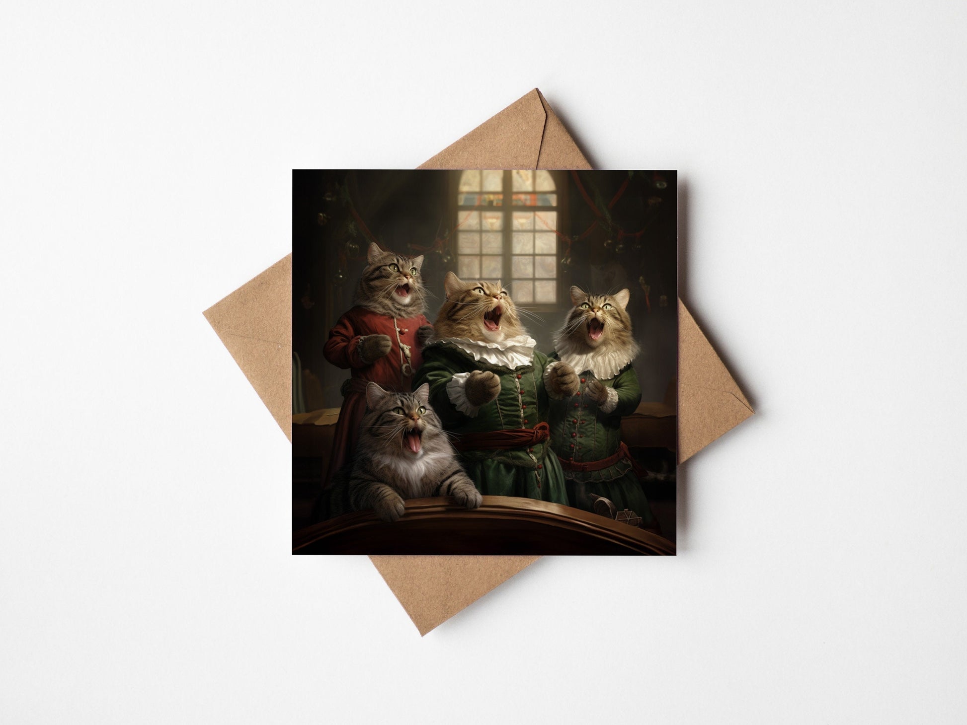 Christmas Carol singing cats on a square christmas card