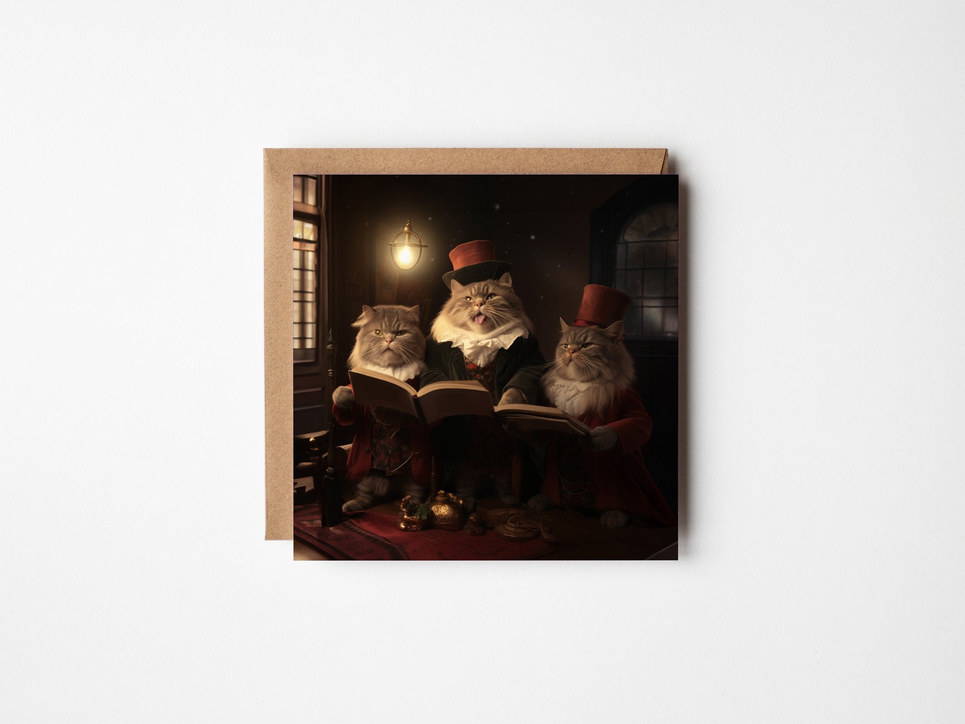 Christmas Carol singing cats on a square christmas card