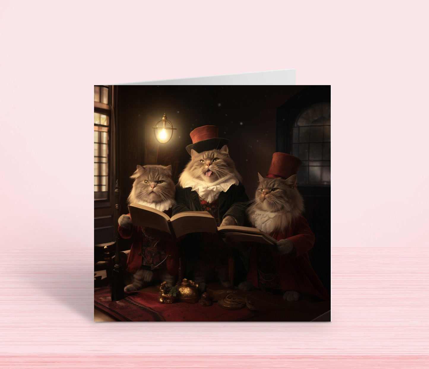 Christmas Carol singing cats on a square christmas card