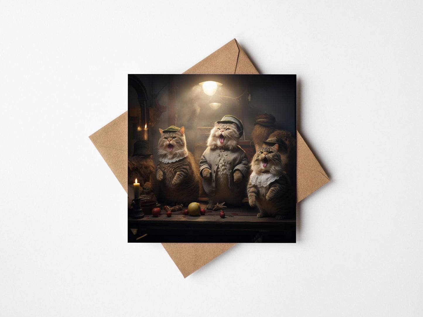 Christmas Carol singing cats on a square christmas card