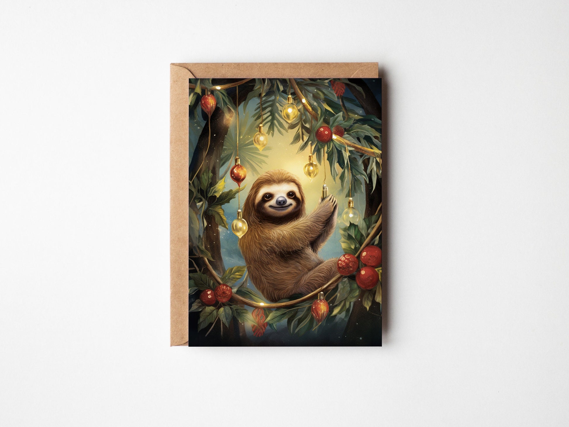 Sloth in the Christmas Lights Christmas Card With Christmas baubles and lights with a sloth in the middle, Rectangular card, Kraft Envelope