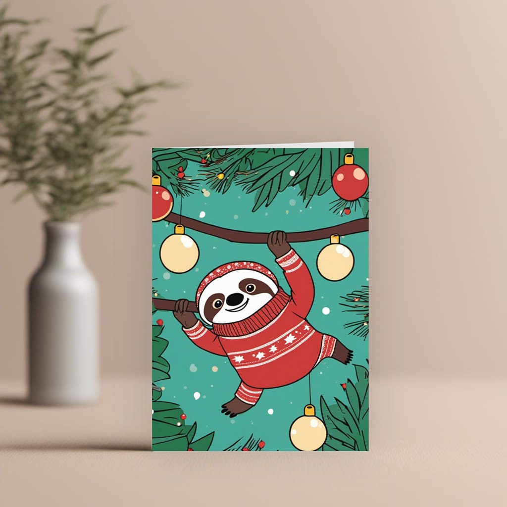 Sloth in a jumper dangling from a branch, cute Christmas Card