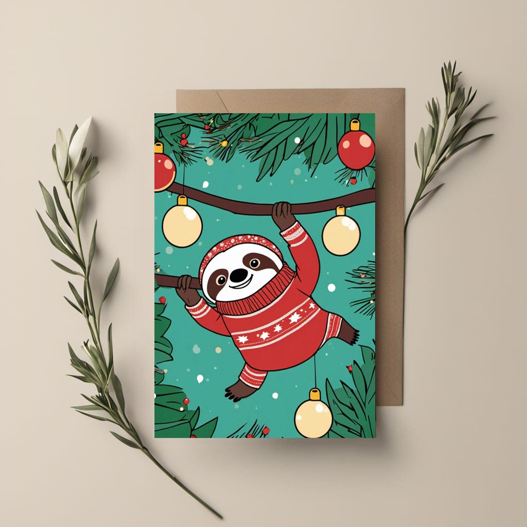 Sloth in a jumper dangling from a branch, cute Christmas Card