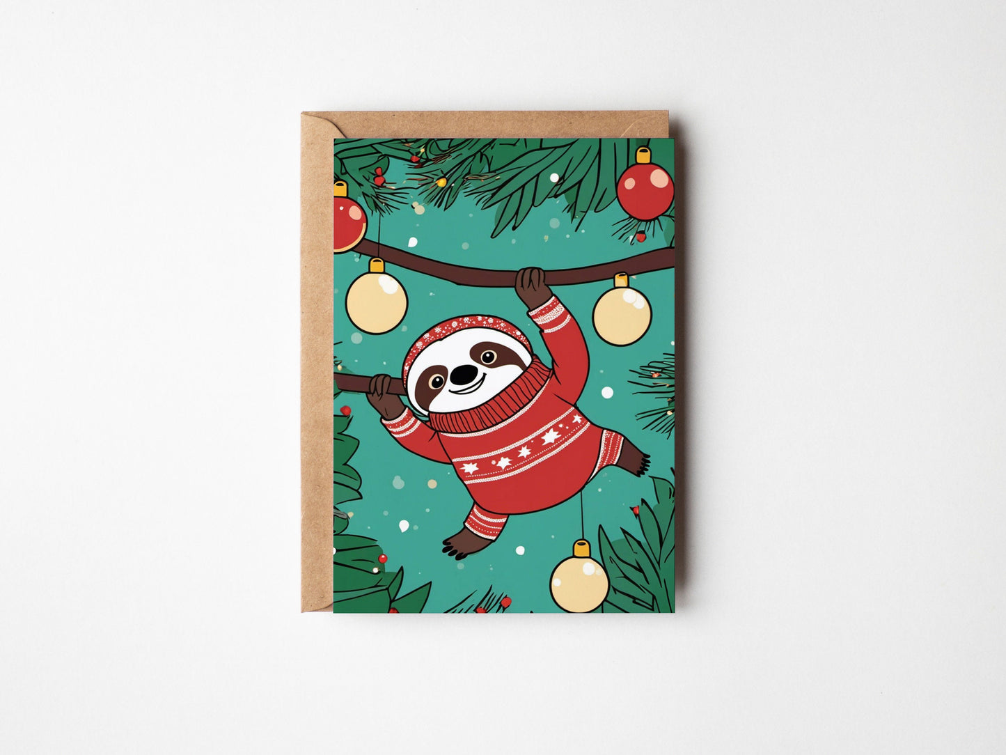 Sloth in a jumper dangling from a branch, cute Christmas Card